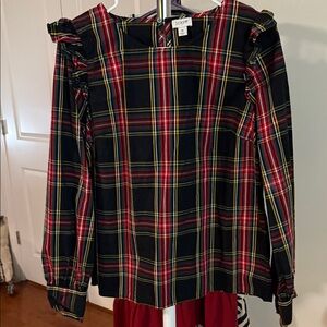 J. Crew plaid Holiday blouse, ruffled arms. Beautiful colors